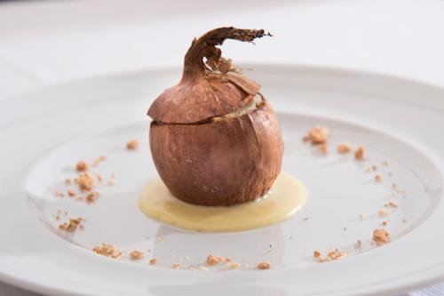 a chocolate onion on a plate with sauce at Hotel la Colletta in Paesana