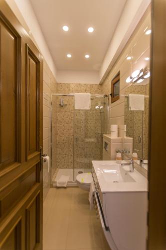 a bathroom with a shower and a sink and a toilet at Pensiunea Kant in Sibiu