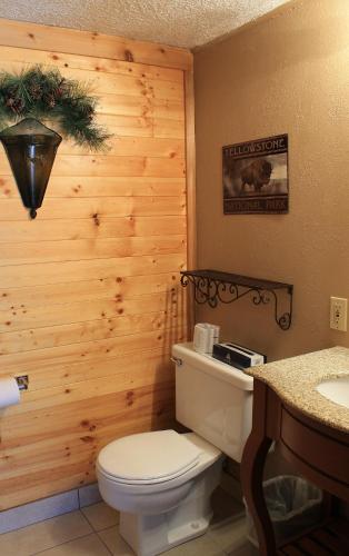 a bathroom with a toilet and a wooden wall at Moose Creek Inn in West Yellowstone