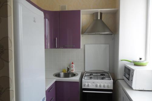 ペルミにあるStudio Apartment with view on Kamaのキッチン(紫色のキャビネット、コンロ、シンク付)