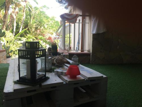 a table with a bird sitting on top of it at Villa oasi in Fontane Bianche