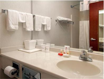 a bathroom with a sink and a mirror and towels at Ramada Limited - Mount Sterling in Mount Sterling