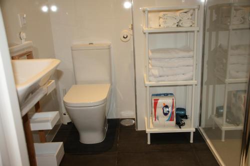 y baño con aseo, lavabo y toallas. en Apartamento Ribes Valencia, en Valencia