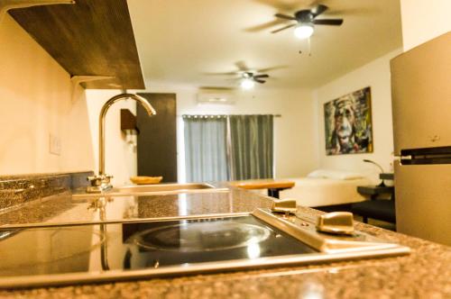 a kitchen with a sink and a living room at Cerritos Beach Hotel Desert Moon in El Pescadero