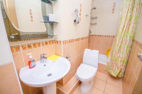 a bathroom with a sink and a toilet and a mirror at Sedmoye Nebo Hotel in Utes