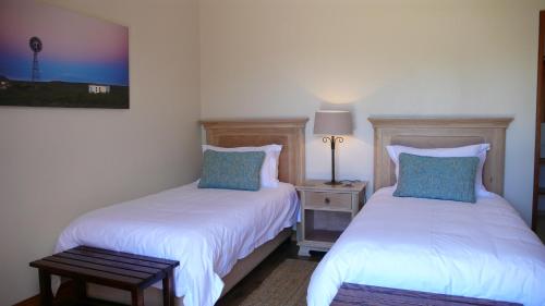a bedroom with two beds and a table and a lamp at Honeylocust Guesthouse in Colesberg