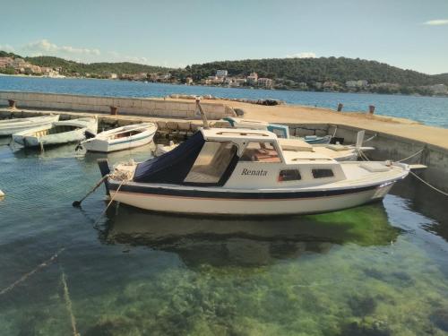 a boat is docked at a dock in the water at Apartments Valentina Tisno in Tisno