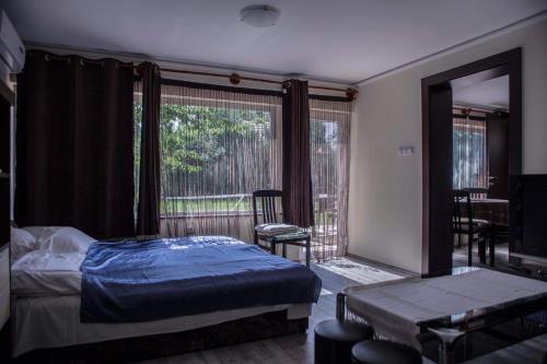 シオーフォクにあるMeszaros apartmanのベッドルーム1室(ベッド1台、大きな窓付)
