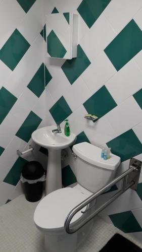a green and white bathroom with a toilet and sink at Hotel Casa Conley Del Mar in Puerto Viejo