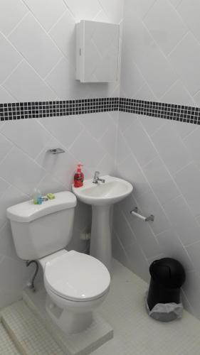 a bathroom with a white toilet and a sink at Hotel Casa Conley Del Mar in Puerto Viejo