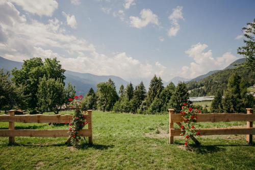 a wooden fence with flowers on it in a field at Maso Del Fieno con Sauna Privata e Vista Unica in Sant'Orsola Terme