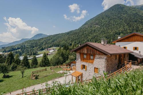 una casa en un campo con montañas en el fondo en Maso del Fieno, en Sant'Orsola Terme