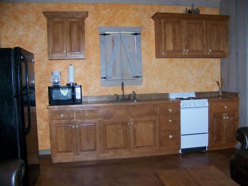 cocina con fregadero y microondas en Breezy Hills Cottages - Moonlight Cottage en Fredericksburg