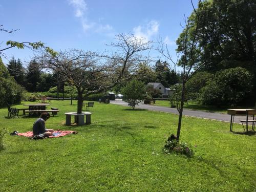 a person sitting on a blanket in a park at The Burren Hostel - Sleepzone in Lisdoonvarna