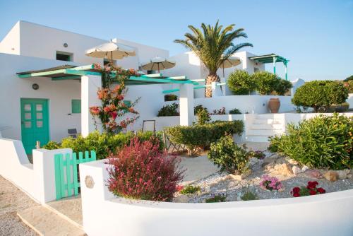 a garden in front of a white house at Psilandis Studios in Adamas