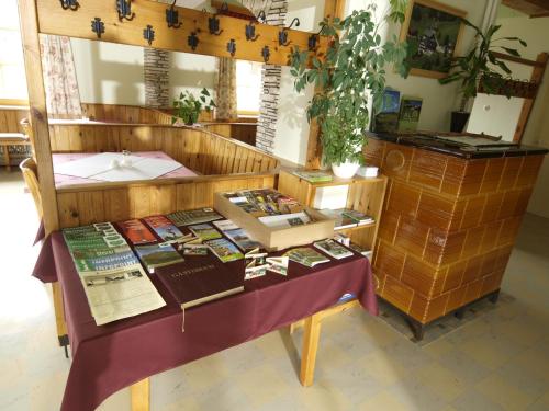 a table with books and pamphlets on it in a room at Biobauernhof Spieszschweiger in Sankt Nikolai im Sölktal