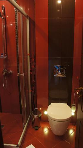 a bathroom with a toilet and a shower at Family Hotel Strannopriemnitza in Oreshak