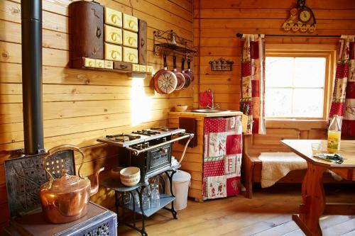 uma cozinha com um fogão antigo numa cabina em La Cab'Ane em Saint-Jean-aux-Bois