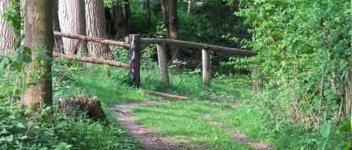 a path in a forest with a wooden fence at Hotel Restaurant Huxmühle in Osnabrück