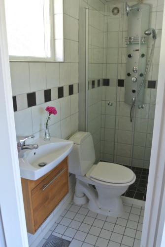 a bathroom with a toilet and a sink and a shower at Room by Water in Södertälje
