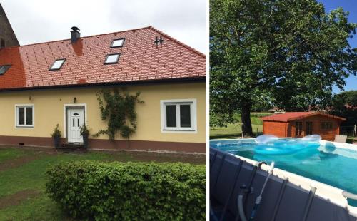 two pictures of a house and a swimming pool at Ferienwohnung Kickmaier in Bad Radkersburg