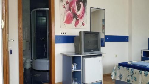 Zimmer mit einem TV auf einem Stand mit einem Spiegel in der Unterkunft Blue Apartments & Suites in Ohrid