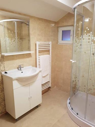 a bathroom with a sink and a shower at Cabana Sarmis Costesti in Costeşti