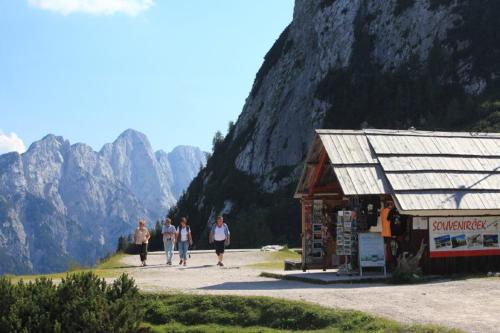 a group of people walking in front of a mountain at PLANINSKA KOČA NA GOZDU in Kranjska Gora