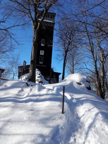 a snow covered hill with a building in the background at Chalupa Medium in Krásná Lípa