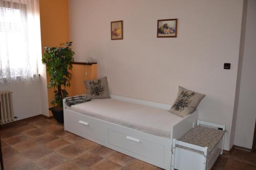 a white couch in a room with a plant at Pension Betty in Tábor