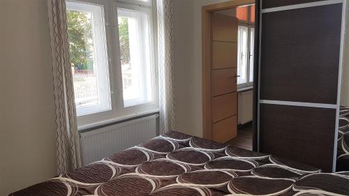 um quarto com uma cama e uma janela em Villa Serena em Karlovy Vary