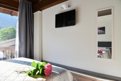 a bedroom with a bed with a tv on the wall at La terrazza sulle vigne B&B in Corte Franca