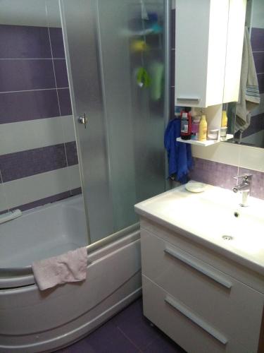 La salle de bains est pourvue d'une douche, d'un lavabo et d'une baignoire. dans l'établissement Apart Oggie, à Skopje