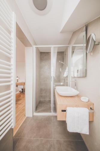 ein Badezimmer mit Dusche und Waschbecken in der Unterkunft Wild-Berghof Buchet in Bernried