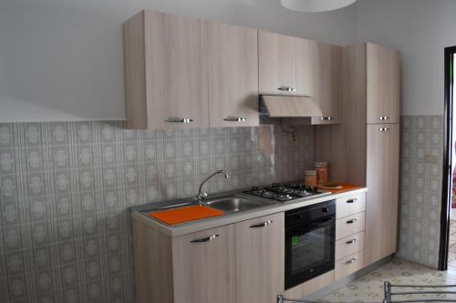 a kitchen with a sink and a stove top oven at Casa Skanderbek in Civita
