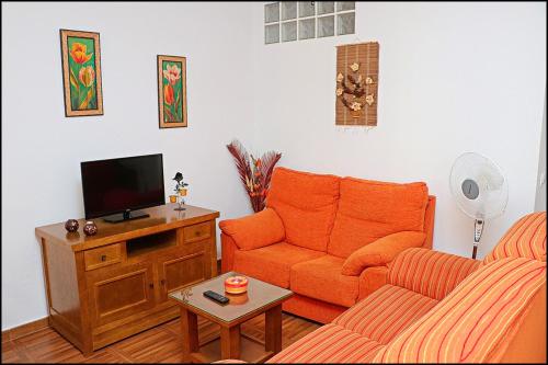 un soggiorno con divano arancione e TV di Apartamento Loyola a Conil de la Frontera