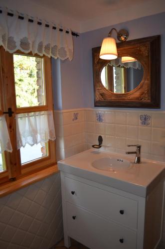 a bathroom with a sink and a mirror at Wyspa Świerków in Lipusz