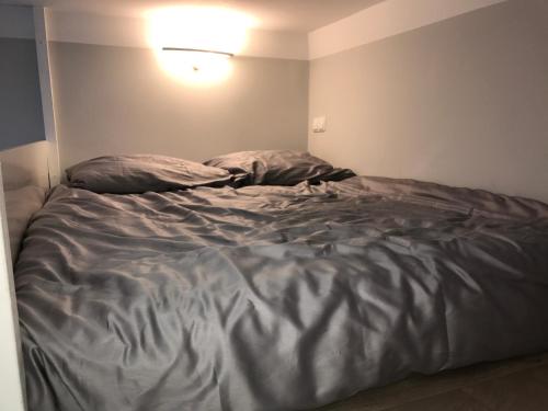 uma cama num quarto com duas almofadas em Kawalerka w Centrum Miasta em Szczecin