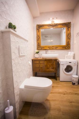 a bathroom with a toilet and a sink and a mirror at Studio apartman Ana in Split