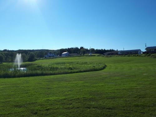 
a red fire hydrant in the middle of a grassy field at Hunter's Mountain Chalets in Baddeck
