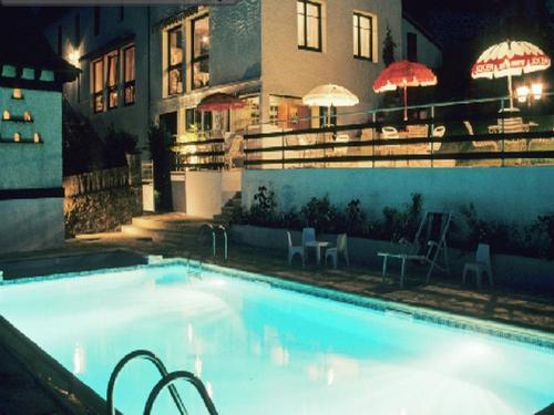 une grande piscine devant un immeuble la nuit dans l'établissement LOGIS HOTEL Les Tilleuls, à Saint-Cirgues-de-Jordanne