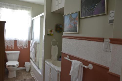 a bathroom with a white toilet and a sink at Gîte Marie-Claire in Petit-Saguenay