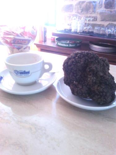 a cup of coffee and a piece of cake on a plate at Nido delle Rondini hotel Ristorante Pizzeria in Fallo