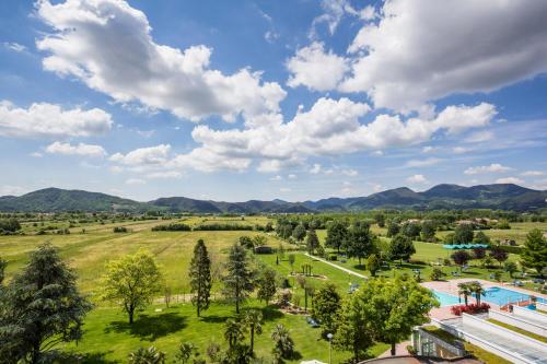 an aerial view of a park with a pool and trees at Hotel Terme Leonardo in Abano Terme