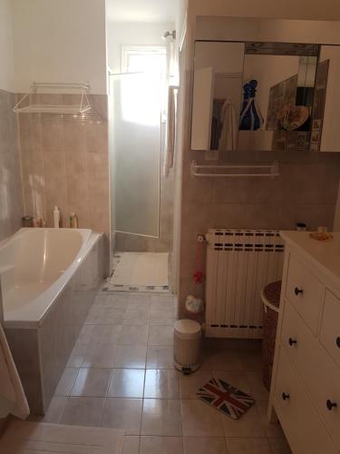 a bathroom with a tub and a shower and a sink at La maisonnette in Crillon-le-Brave