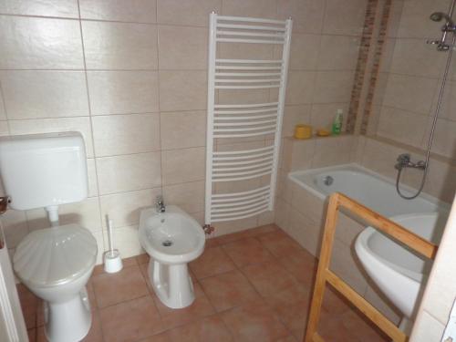 フォニョードにあるÉva Apartmanのバスルーム(トイレ、洗面台、バスタブ付)