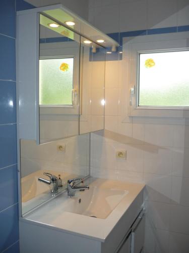 a bathroom with a sink and a mirror at Pescalis Résidence Les Maisons du Lac in Moncoutant