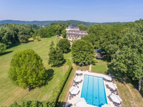 an aerial view of a mansion with a swimming pool at Château de Puy Robert LASCAUX - Sarlat in Montignac