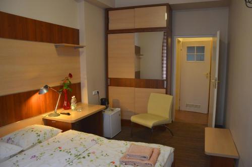 1 dormitorio con cama, escritorio y silla en DS Akademia Muzyczna, en Cracovia