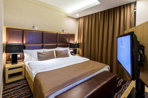 a hotel room with a bed and a flat screen tv at Aquaticum Debrecen Termal & Wellness Hotel in Debrecen